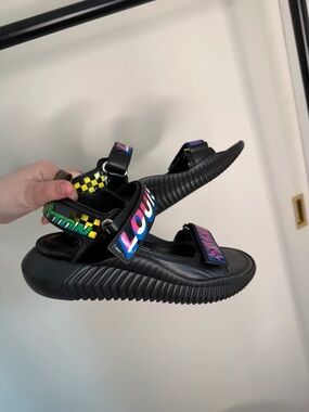 Louis Vuitton Patent Black Sandals with Neon Graphic Straps
